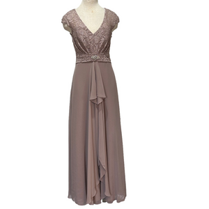 Oleg Cassini sz 6 taupe cap sleeve lace bodice with cascading skirt NWT